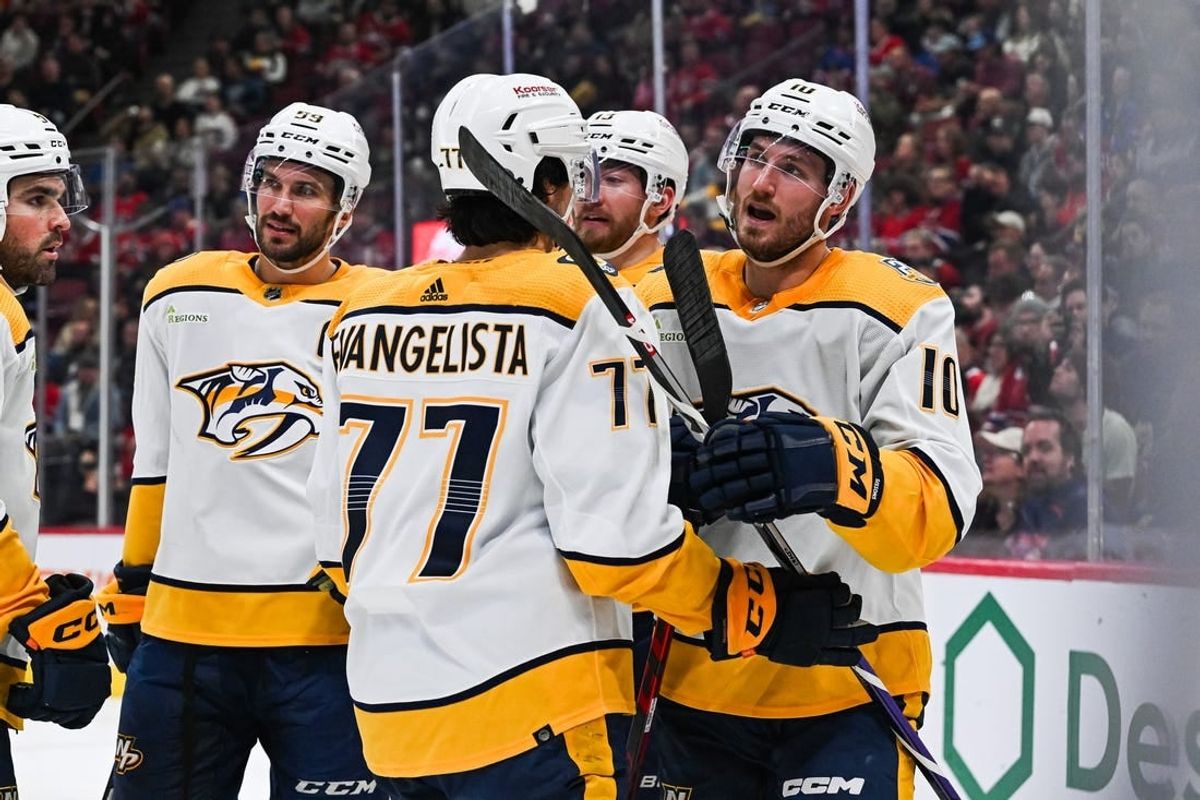 Dec 10, 2023; Montreal, Quebec, CAN; Nashville Predators center Colton Sissons (10) celebrates his goal against the Montreal Canadiens with his teammates during the second period at Bell Centre.