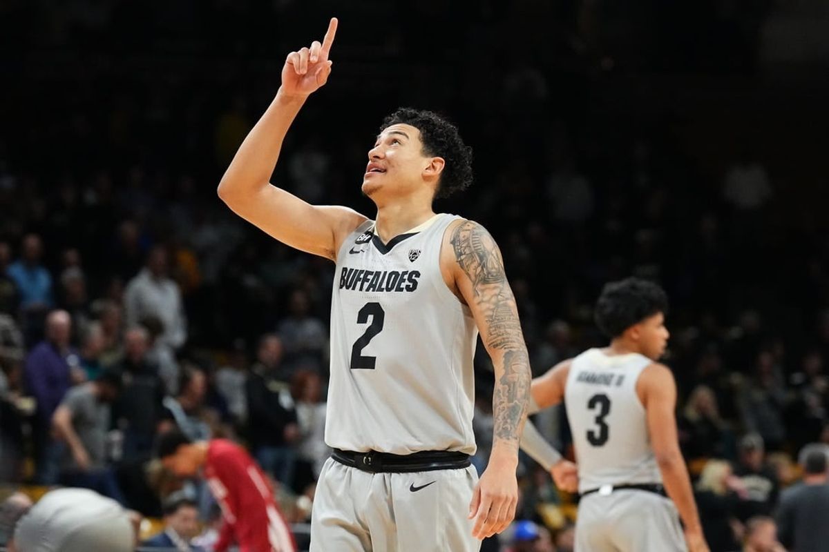 Dec 31, 2023; Boulder, Colorado, USA; Colorado Buffaloes guard KJ Simpson (2) reacts in the first half against the Washington State Cougars at the CU Events Center.