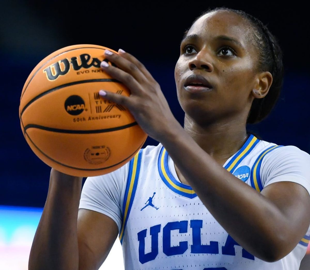 Mar 20, 2023; Los Angeles, CA, USA; UCLA Bruins guard Charisma Osborne (20) shoots a free throw in the closing minute of an NCAA Tournament Women   s 2nd Round game against the Oklahoma Sooners at Pauley Pavilion.