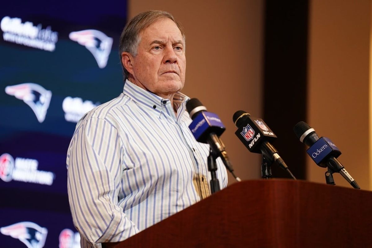 Jan 7, 2024; Foxborough, Massachusetts, USA; New England Patriots head coach Bill Belichick talks to reporters after the game against the New York Jets at Gillette Stadium.