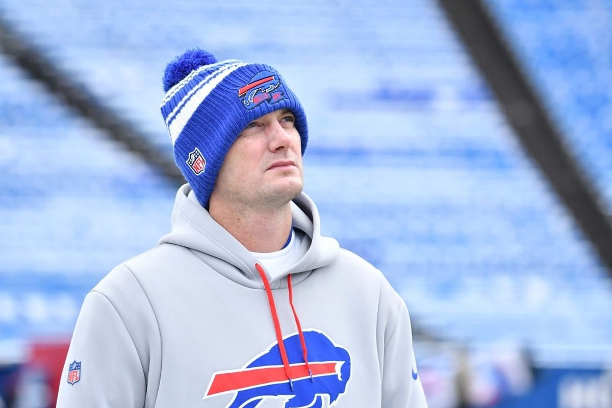 Jan 15, 2023; Orchard Park, NY, USA; Buffalo Bills offensive coordinator Ken Dorsey looks on before playing against the Miami Dolphins in a NFL wild card game at Highmark Stadium.
