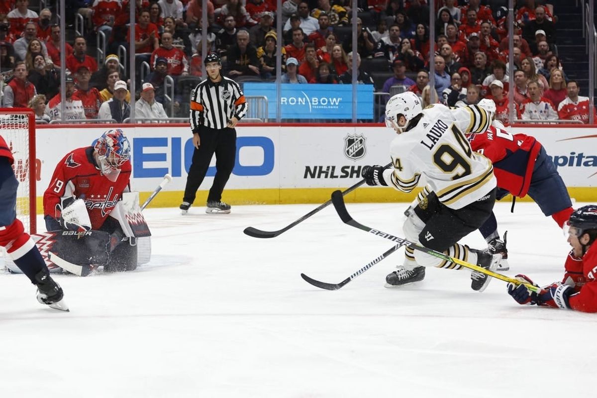 Apr 15, 2024; Washington, District of Columbia, USA; Washington Capitals goaltender Charlie Lindgren (79) makes a save on Boston Bruins center Jakub Lauko (94) in the second period at Capital One Arena.