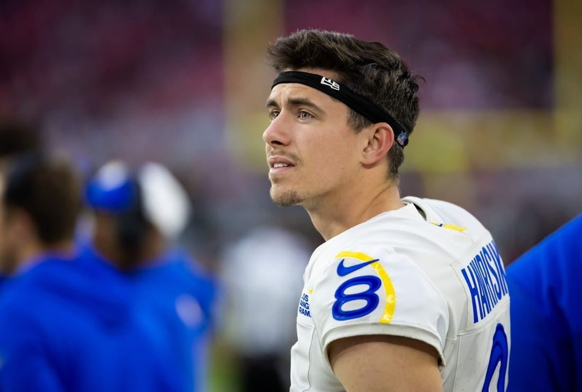 Nov 26, 2023; Glendale, Arizona, USA; Los Angeles Rams kicker Lucas Havrisik (8) against the Arizona Cardinals at State Farm Stadium.