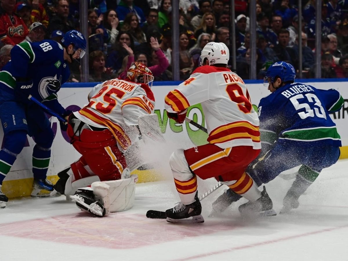 Mar 23, 2024; Vancouver, British Columbia, CAN; Vancouver Canucks forward Nils Aman (88) checks Calgary Flames goaltender Jacob Markstrom (25) during the first period at Rogers Arena.