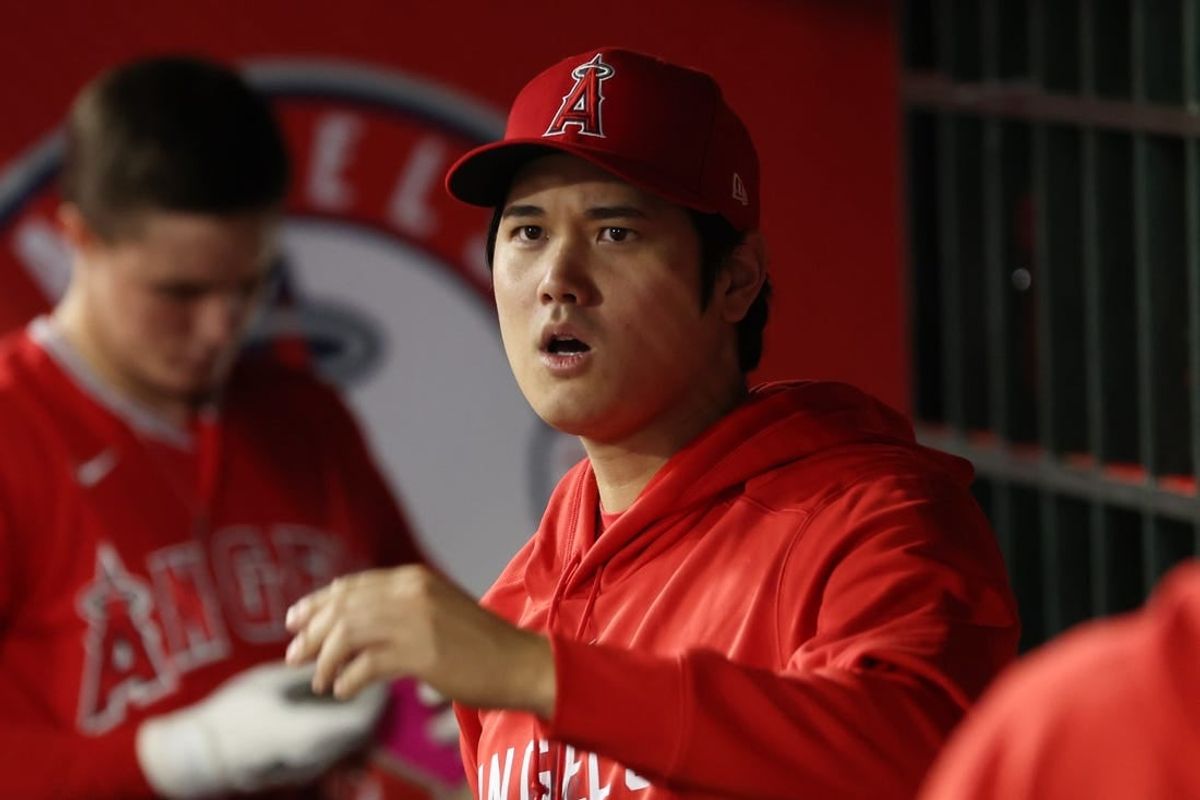 Sep 30, 2023; Anaheim, California, USA; Los Angeles Angels two-way player Shohei Ohtani (17) in the dugout during the game against the Oakland Athletics at Angel Stadium.