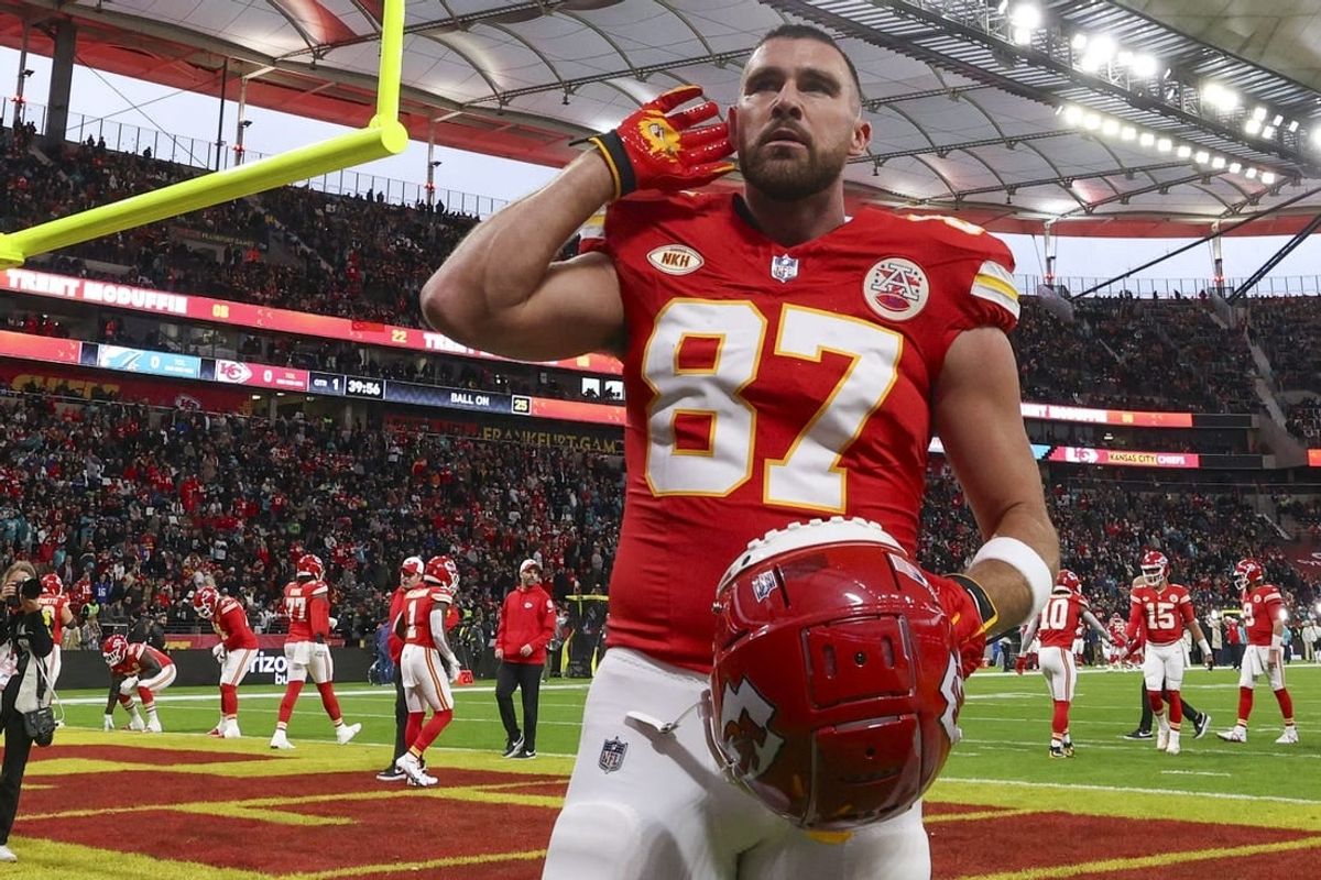 Nov 5, 2023; Frankfurt, Germany, ;  Kansas City Chiefs tight end Travis Kelce (87) reacts to fans before an NFL International Series game against the Miami Dolphins at Deutsche Bank Park.