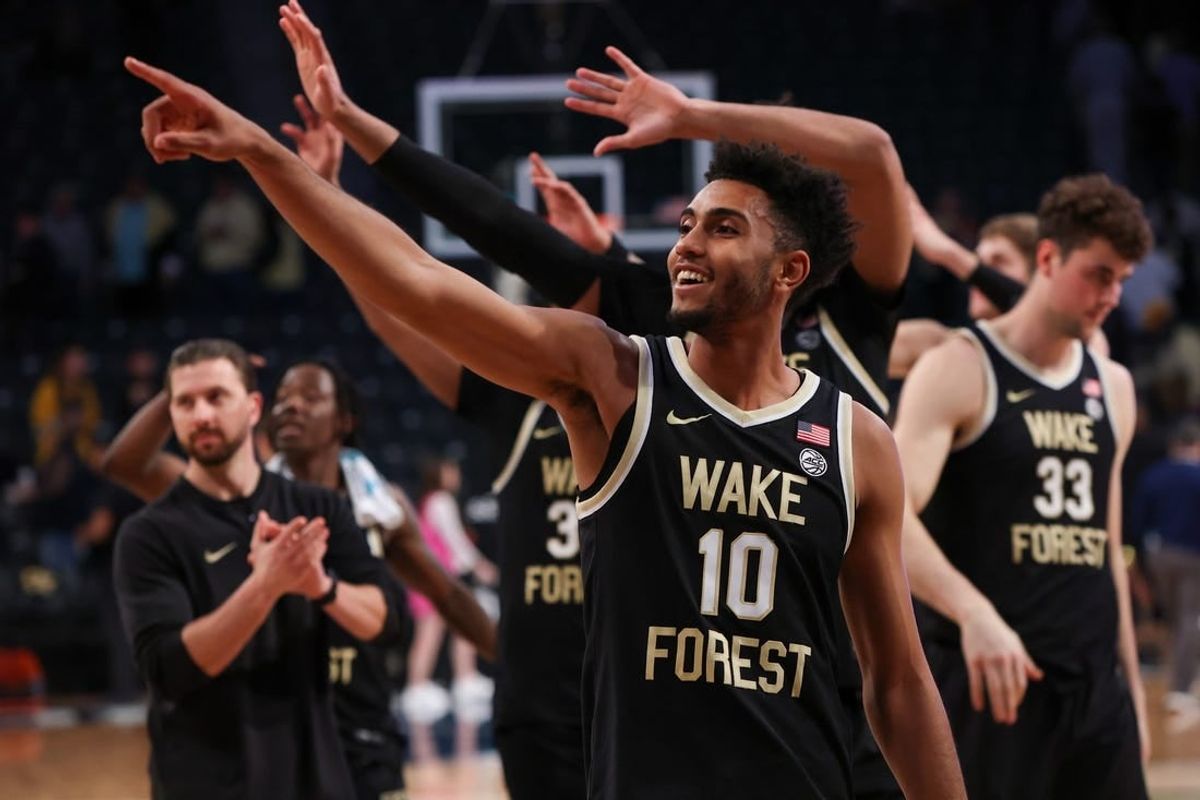 Feb 6, 2024; Atlanta, Georgia, USA; Wake Forest Demon Deacons guard Abramo Canka (10) reacts after a victory against the Georgia Tech Yellow Jackets at McCamish Pavilion.