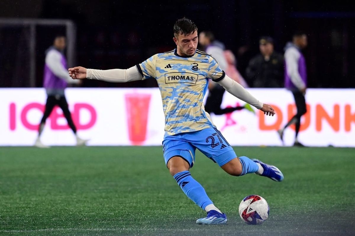 Oct 21, 2023; Foxborough, Massachusetts, USA; Philadelphia Union defender Kai Wagner (27) passes the ball during the second half against the New England Revolution at Gillette Stadium.