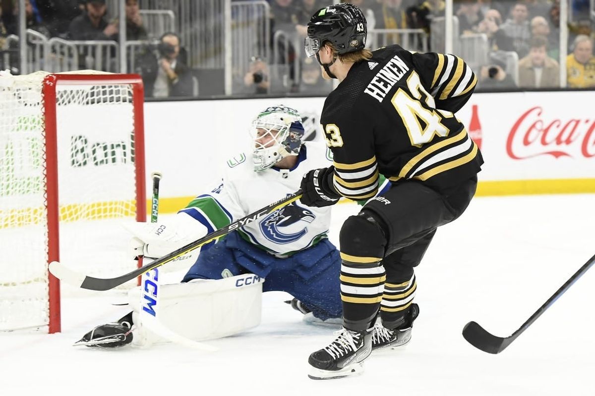 Feb 8, 2024; Boston, Massachusetts, USA; Boston Bruins left wing Danton Heinen (43) scores a shorthanded goal past Vancouver Canucks goaltender Thatcher Demko (35) during the first period at TD Garden.