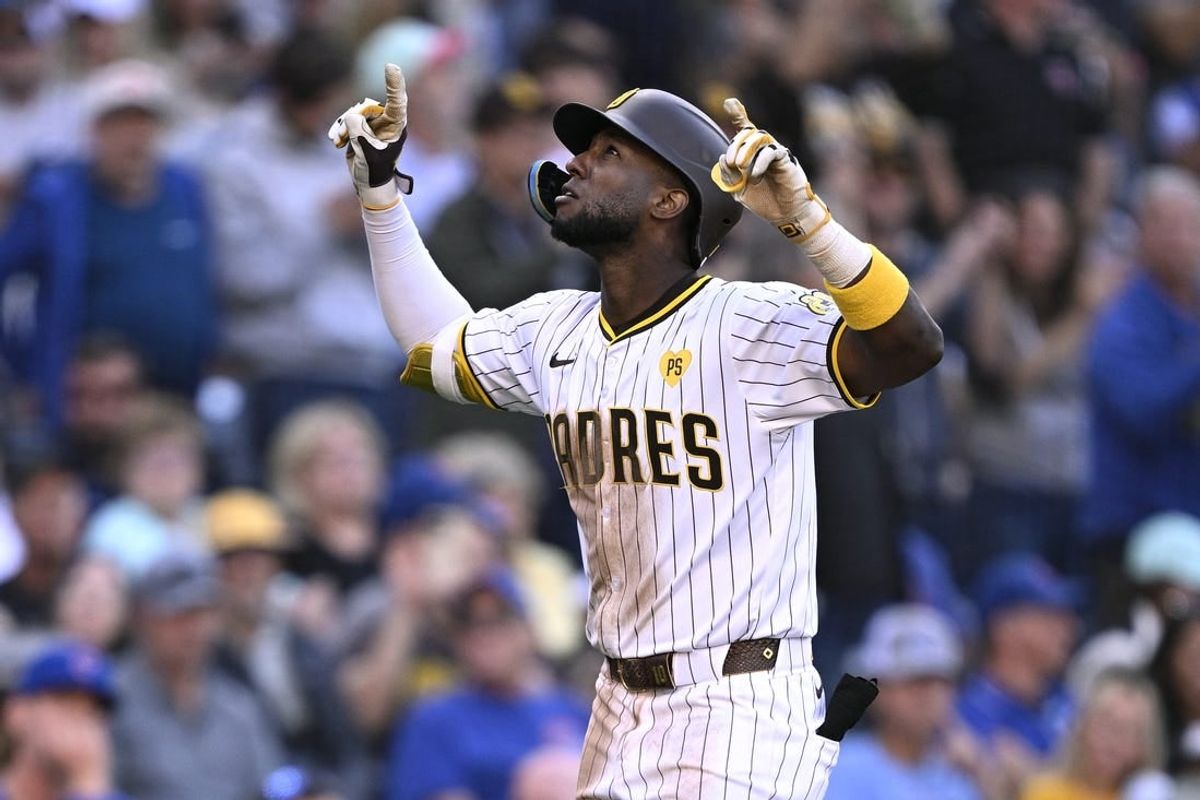 Apr 10, 2024; San Diego, California, USA; San Diego Padres left fielder Jurickson Profar (10) celebrates after hitting a two-run home run against the Chicago Cubs during the sixth inning at Petco Park.