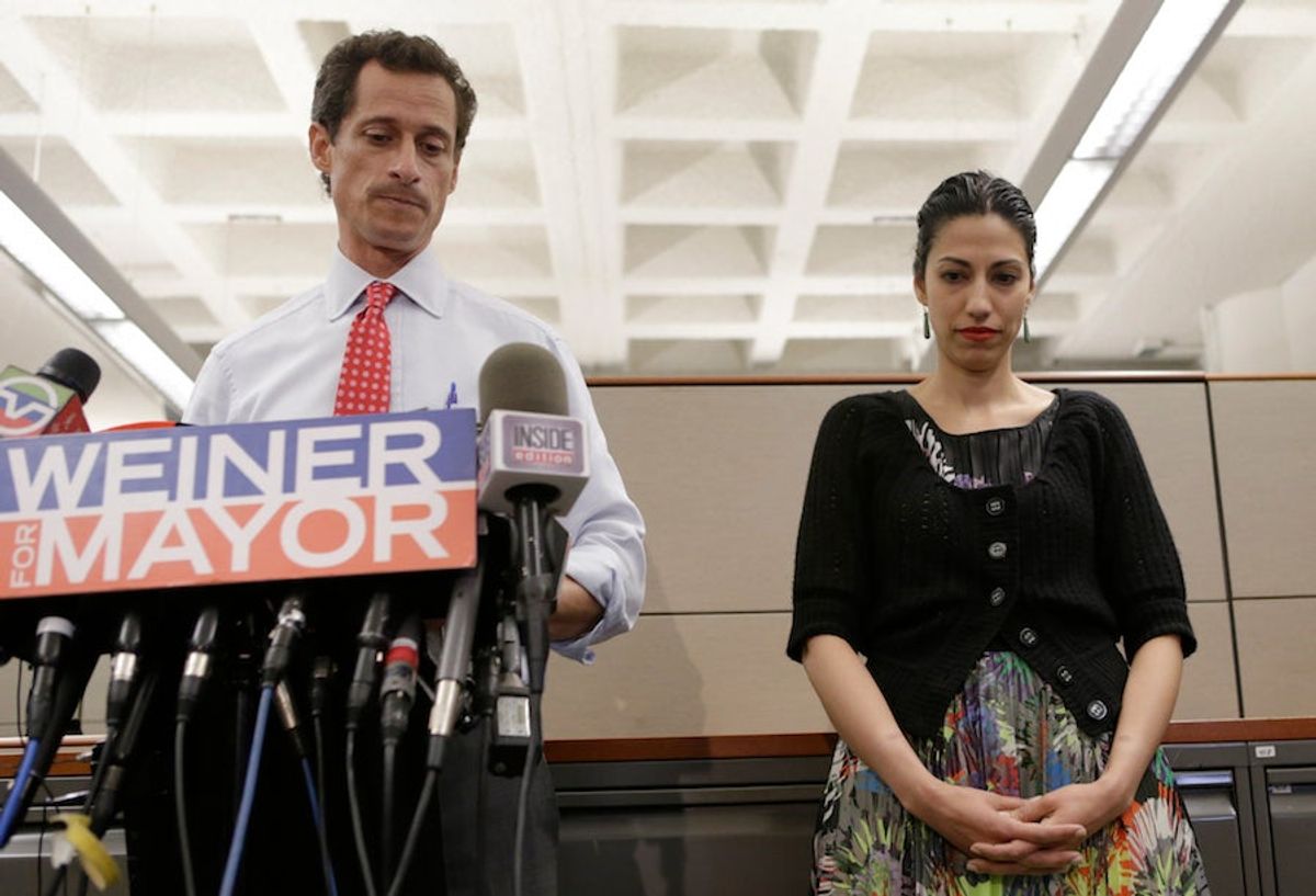 Weiner and Abedin in a press conference after sexting scandal number two: AP