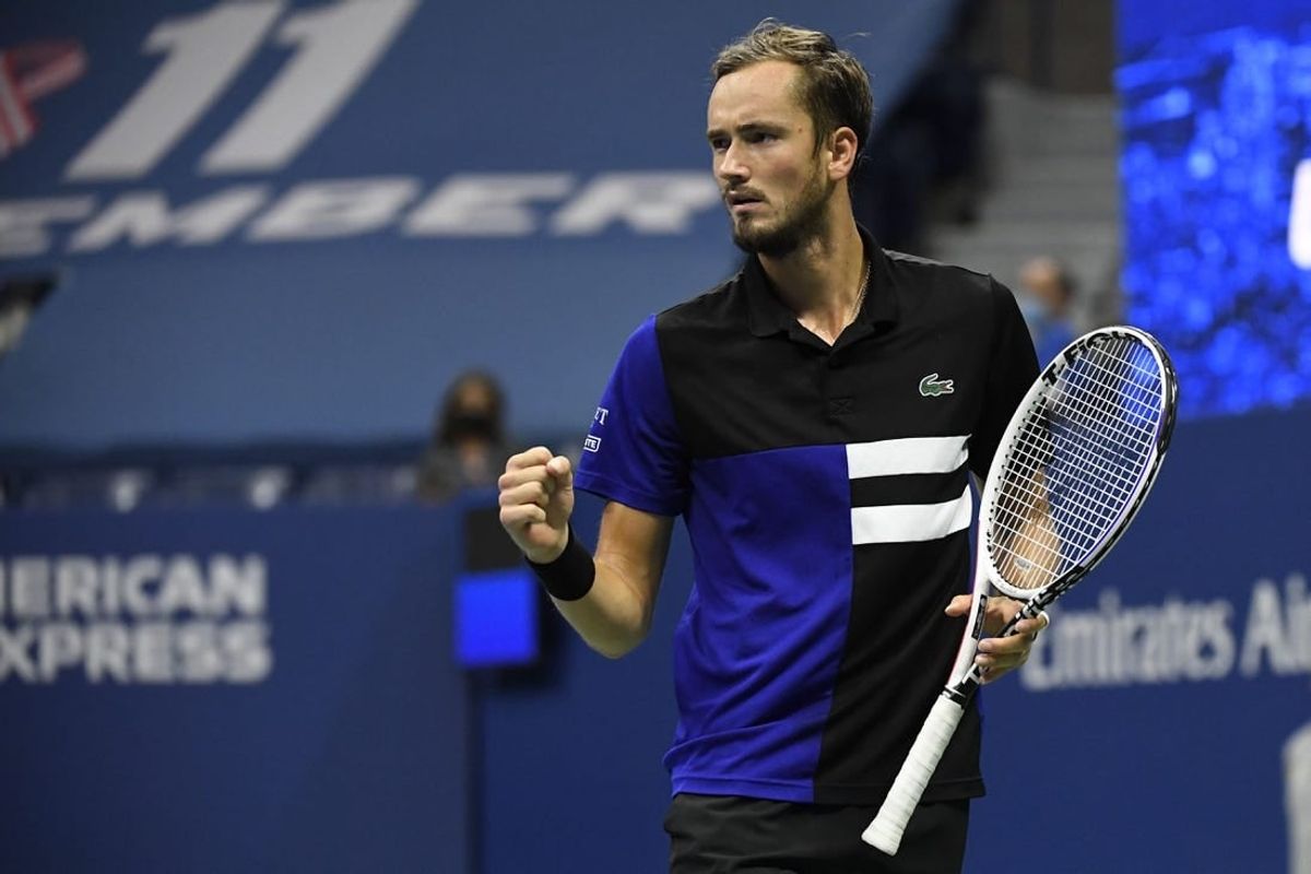 Sep 11 2020; Flushing Meadows, New York,USA; Daniil Medvedev of Russia reacts after winning a point against Dominic Thiem of Austria (not pictured) in a men's singles semi-finals match on day twelve of the 2020 U.S. Open tennis tournament at USTA Billie Jean King National Tennis Center.