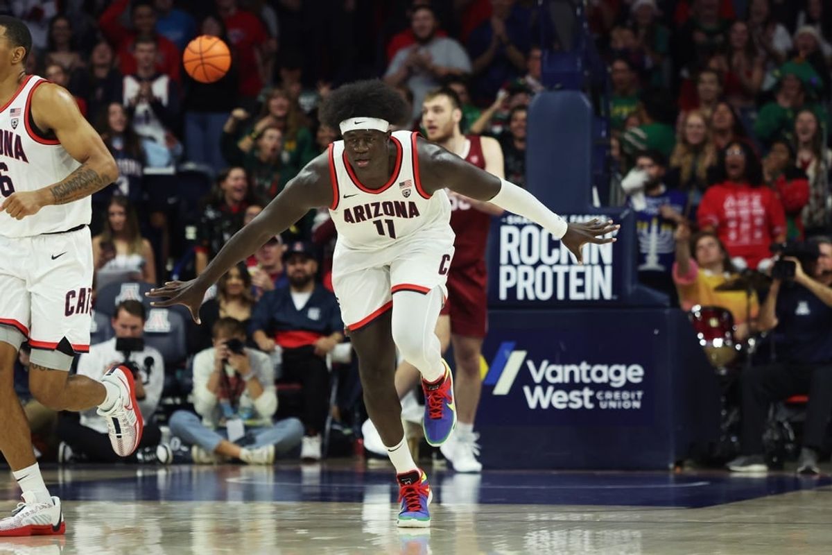 Dec 2, 2023; Tucson, Arizona, USA; Arizona Wildcats center Oumar Ballo (11) celebrates a basket against the Colgate Raiders during the first half at McKale Center.