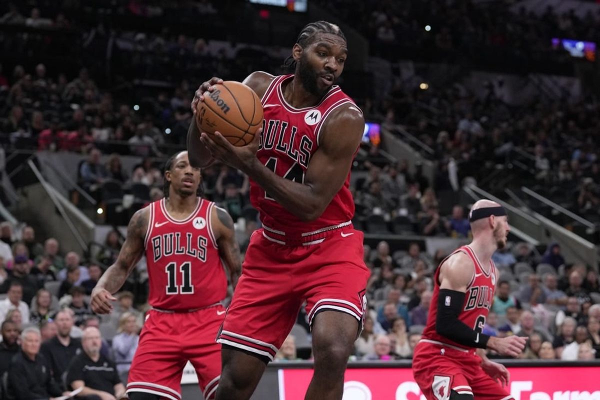 Dec 8, 2023; San Antonio, Texas, USA;  Chicago Bulls forward Patrick Williams (44) rebound in the second half against the San Antonio Spurs at the Frost Bank Center.