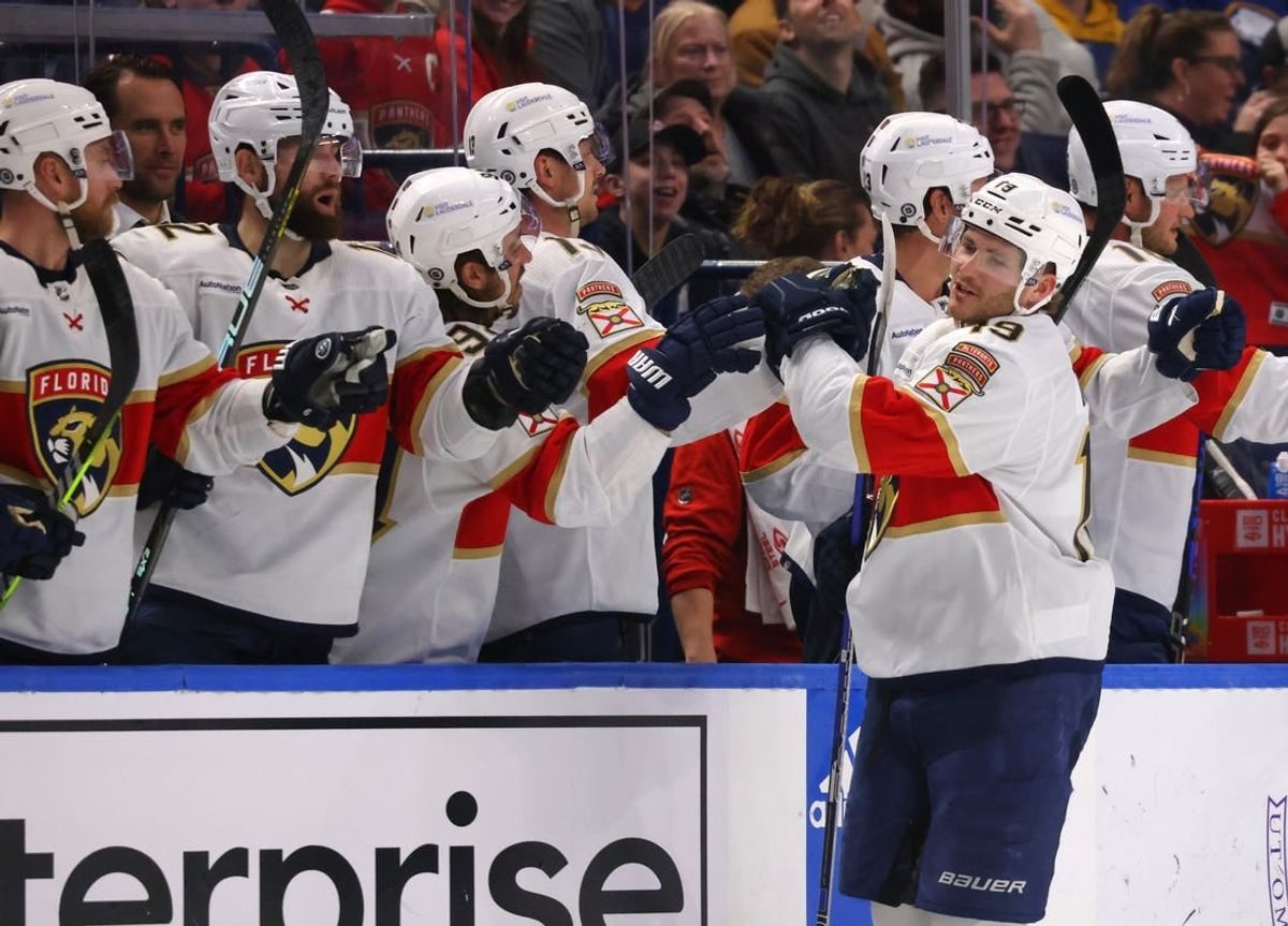 Feb 15, 2024; Buffalo, New York, USA;  Florida Panthers left wing Matthew Tkachuk (19) celebrates his goal with teammates during the second period against the Buffalo Sabres at KeyBank Center.