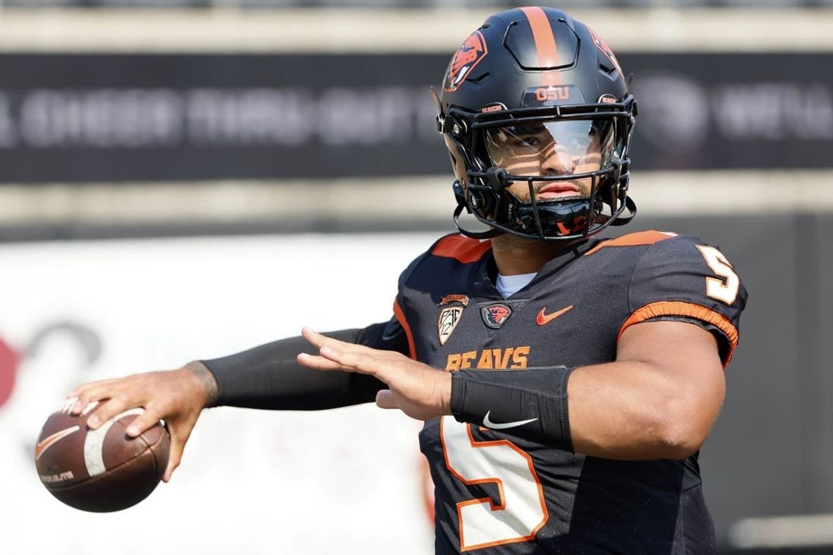 Sep 16, 2023; Corvallis, Oregon, USA; Oregon State Beavers quarterback DJ Uiagalelei (5) warms up before the game against the San Diego State Aztecs at Reser Stadium.