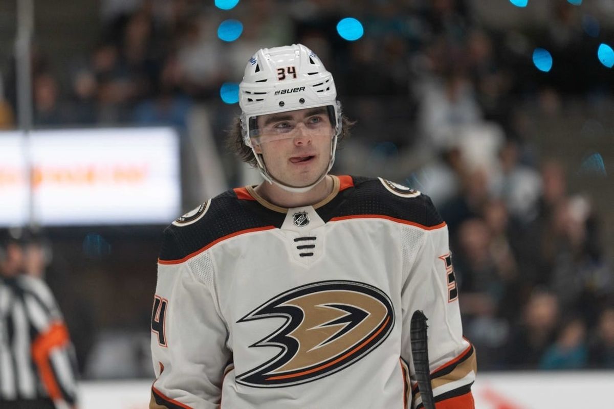 Apr 26, 2022; San Jose, California, USA;  Anaheim Ducks defenseman Jamie Drysdale (34) during the second period against the San Jose Sharks at SAP Center at San Jose.