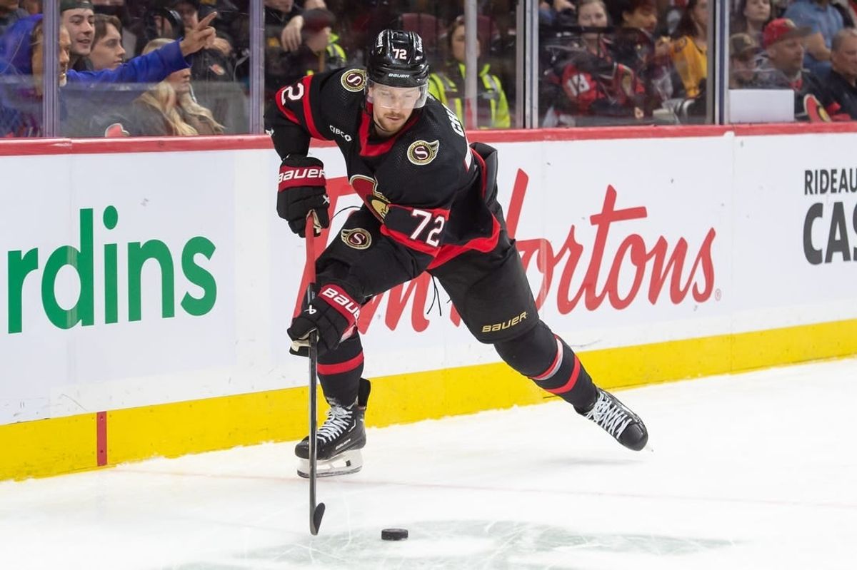 Jan 29, 2024; Ottawa, Ontario, CAN; Ottawa Senators defenseman Thomas Chabot (72) skates with the puck in the second period against the Nashville Predators at the Canadian Tire Centre.