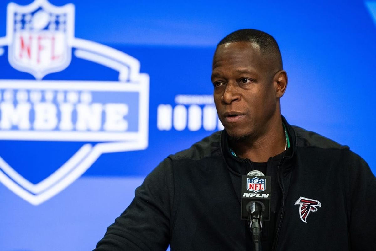Feb 27, 2024; Indianapolis, IN, USA;  Atlanta Falcons head coach Raheem Morris talks to the media at the 2024 NFL Combine at Indiana Convention Center.