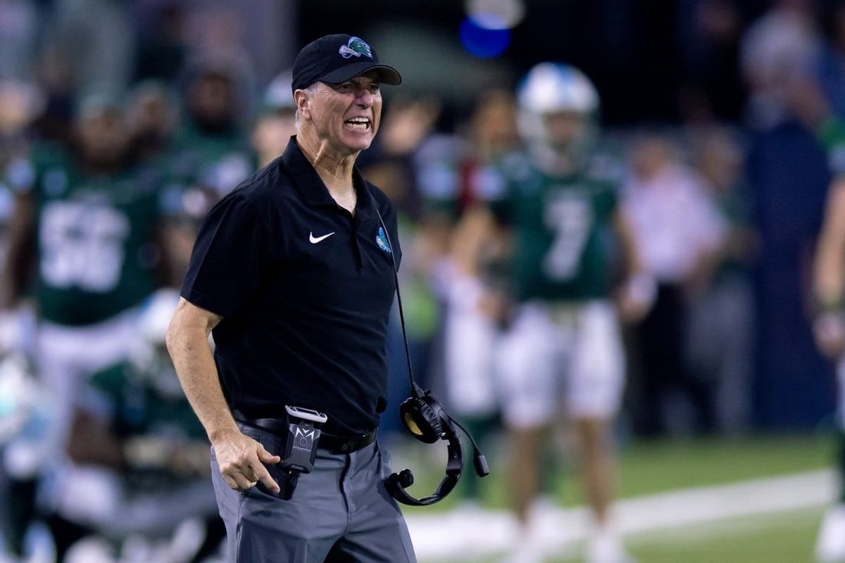 Dec 2, 2023; New Orleans, LA, USA; Tulane Green Wave head coach Willie Fritz reacts to a pass interference call on Tulane Green Wave against the Southern Methodist Mustangs during the second half at Yulman Stadium.