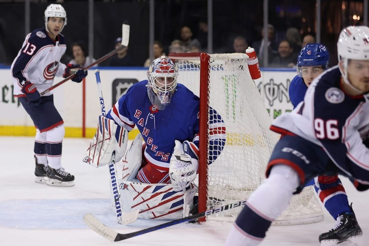 Feb 28, 2024; New York, New York, USA; New York Rangers goaltender Igor Shesterkin (31) tends net against the Columbus Blue Jackets during the first period at Madison Square Garden.