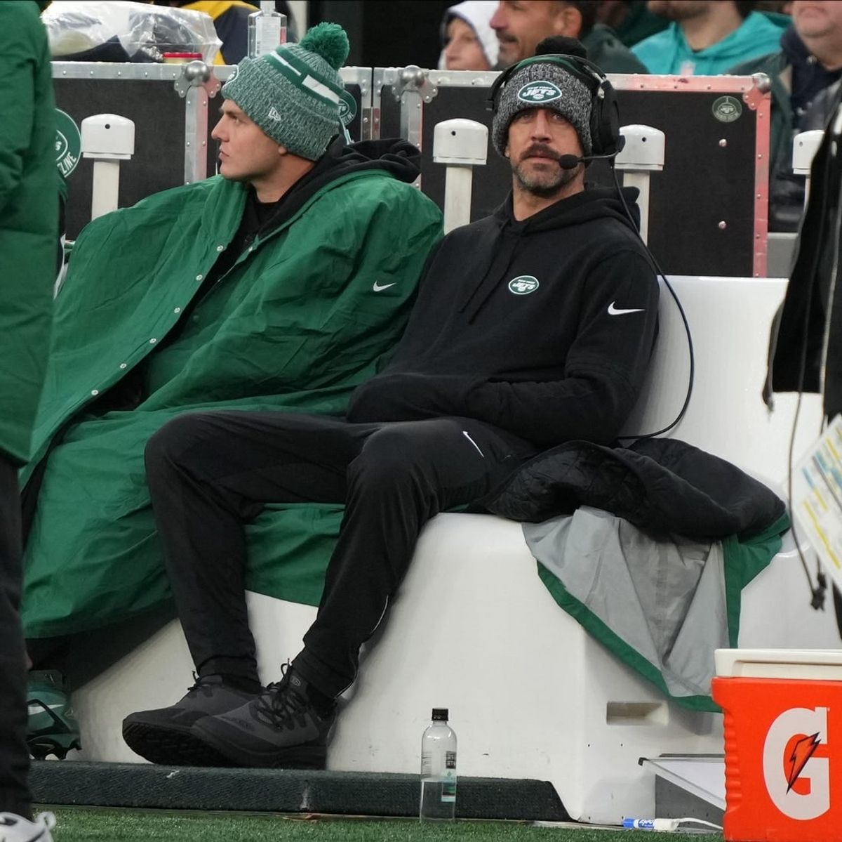 East Rutherford, NJ     November 24, 2023 -- Zach Wilson and Aaron Rodgers of the Jets in the first half as the Miami Dolphins defeated the NY Jets 34-13 at MetLife Stadium on November 24, 2023 in East Rutherford, NJ to play in the first    Black Friday    NFL game.