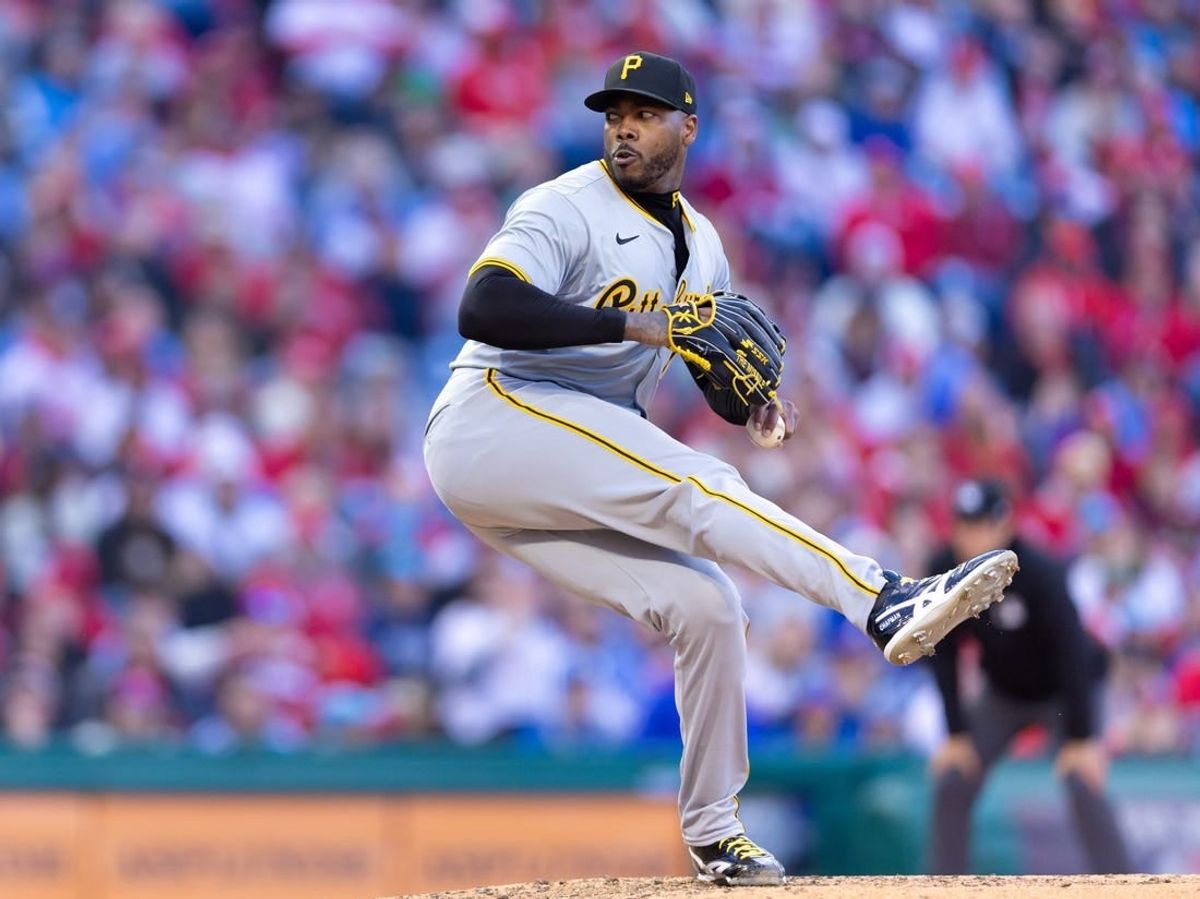 Apr 13, 2024; Philadelphia, Pennsylvania, USA; Pittsburgh Pirates pitcher Aroldis Chapman (45) throws against the Philadelphia Phillies at Citizens Bank Park.