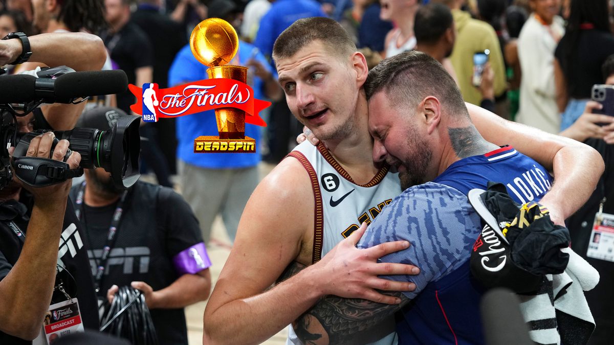 Nikola Jokic celebrates with family after the Nuggets trounced the Heat.