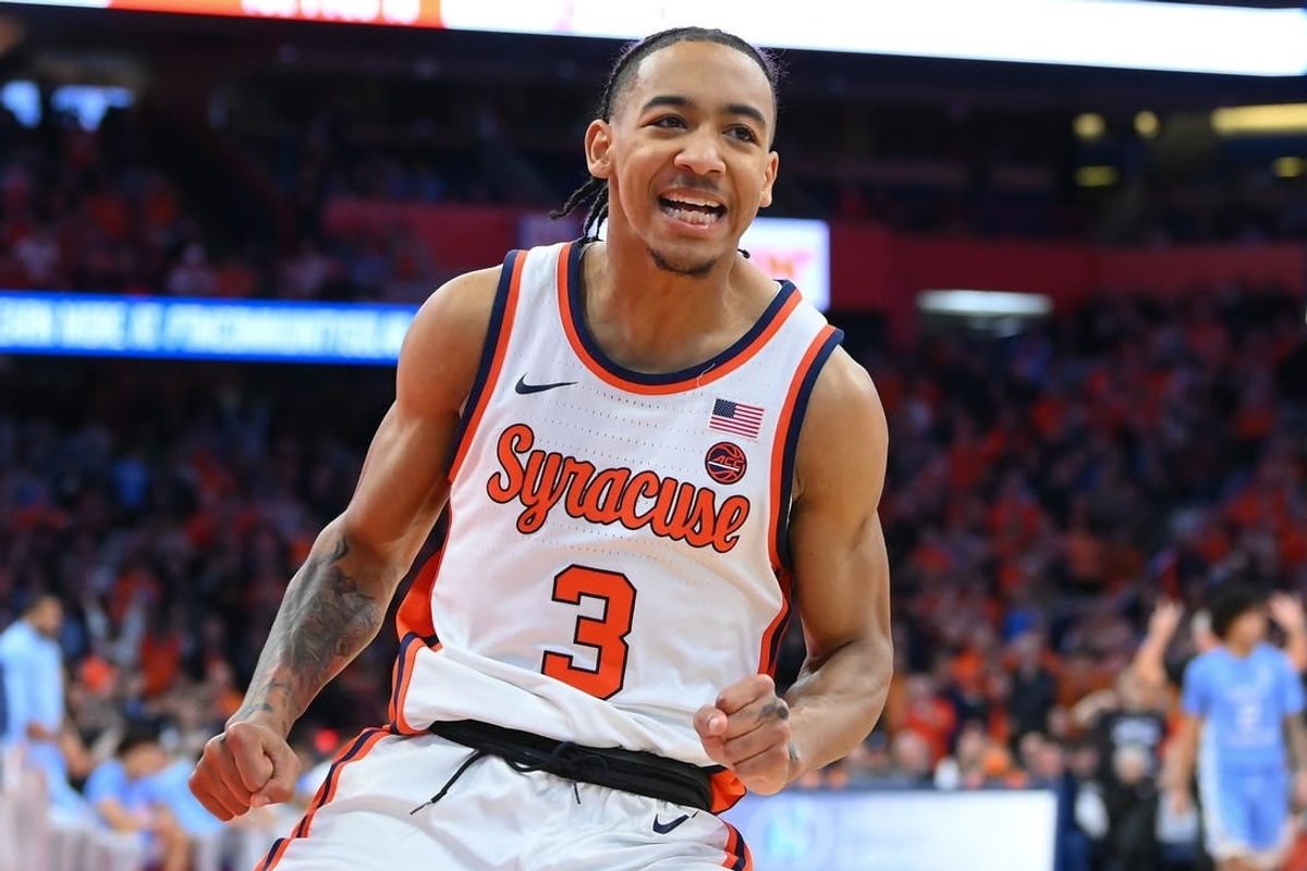 Feb 13, 2024; Syracuse, New York, USA; Syracuse Orange guard Judah Mintz (3) reacts to a play against the North Carolina Tar Heels during the second half at the JMA Wireless Dome.
