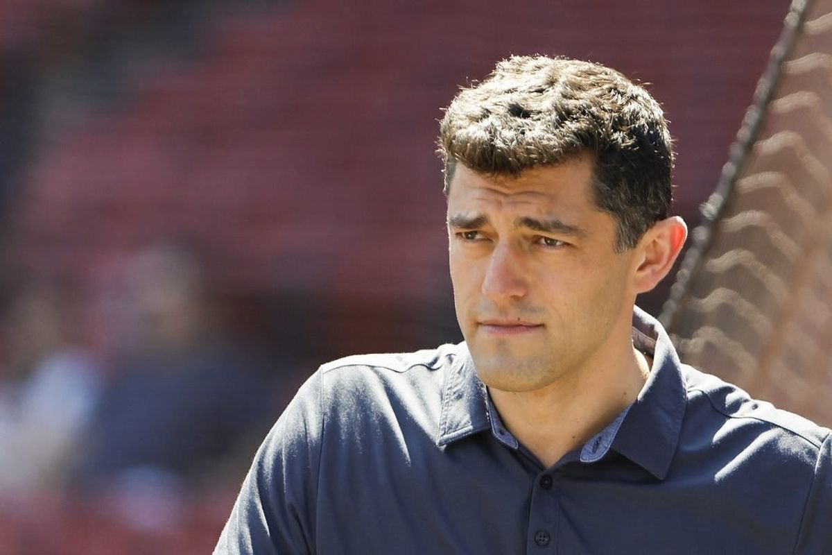 Aug 28, 2022; Boston, Massachusetts, USA; Chaim Bloom, Chief Baseball Officer of the Boston Red Sox on the field before the game between the Boston Red Sox and the Tampa Bay Rays at Fenway Park.