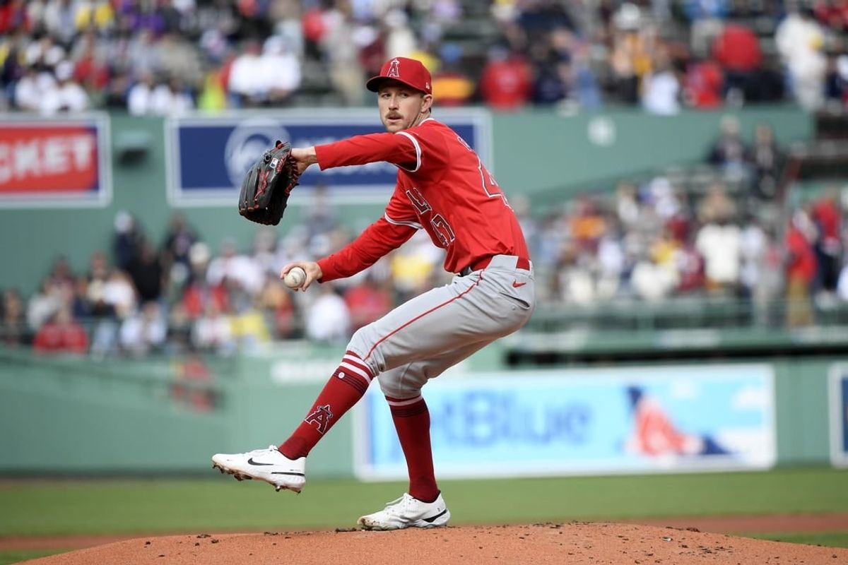 Apr 13, 2024; Boston, Massachusetts, USA; Los Angeles Angels pitcher Griffin Canning (47) throws during the first inning against the Boston Red Sox at Fenway Park.