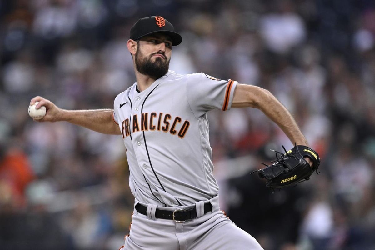 Sep 1, 2023; San Diego, California, USA; San Francisco Giants starting pitcher Tristan Beck (43) throws a pitch against the San Diego Padres during the first inning at Petco Park.