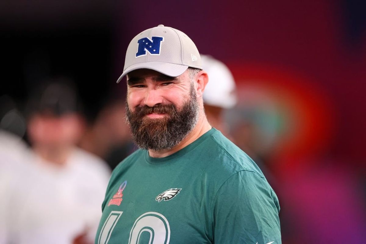 Feb 1, 2024; Orlando, FL, USA;  Philadelphia Eagles center Jason Kelce (62) participates in the NFL Pro Bowl Skills Competition at the UCF NIcholson Fieldhouse.