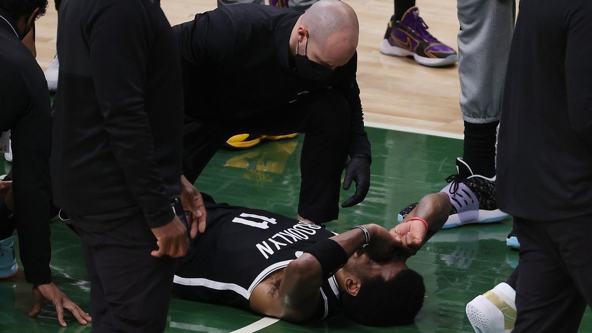Kyrie Irving goes down in the first half of Game 4 of the Eastern Conference playoffs.
