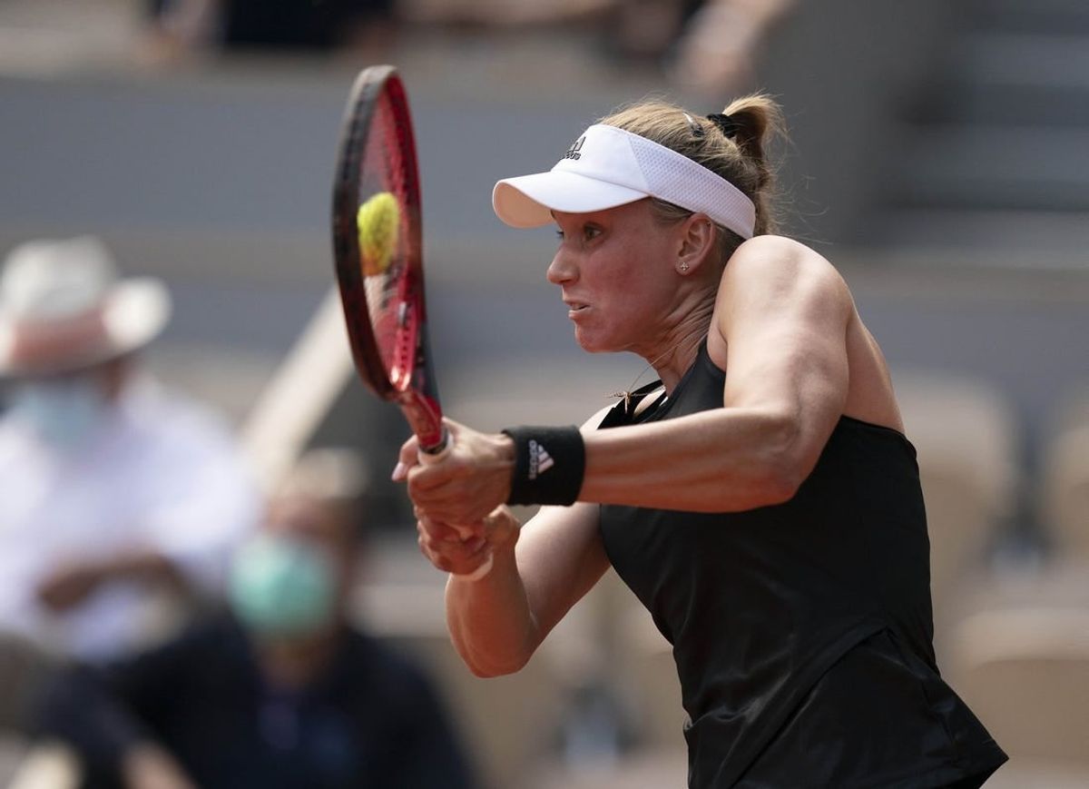 Jun 8, 2021; Paris, France; Elena Rybakina (KAZ) in action during her match against Anastasia Pavlyuchenkova (RUS) on day 10 of the French Open at Stade Roland Garros.