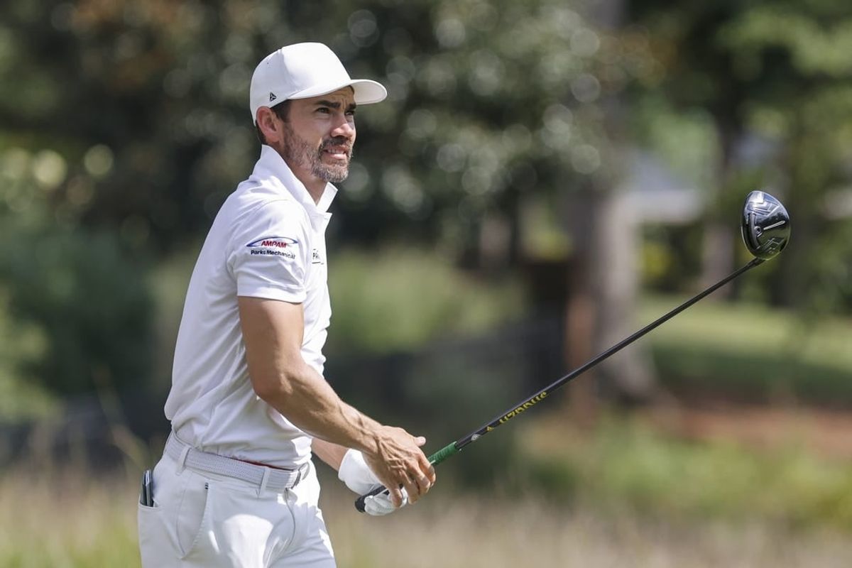 Aug 5, 2022; Greensboro, North Carolina, USA; Camilo Villegas watches his shot off the 9th tee box during the second round of the Wyndham Championship golf tournament.
