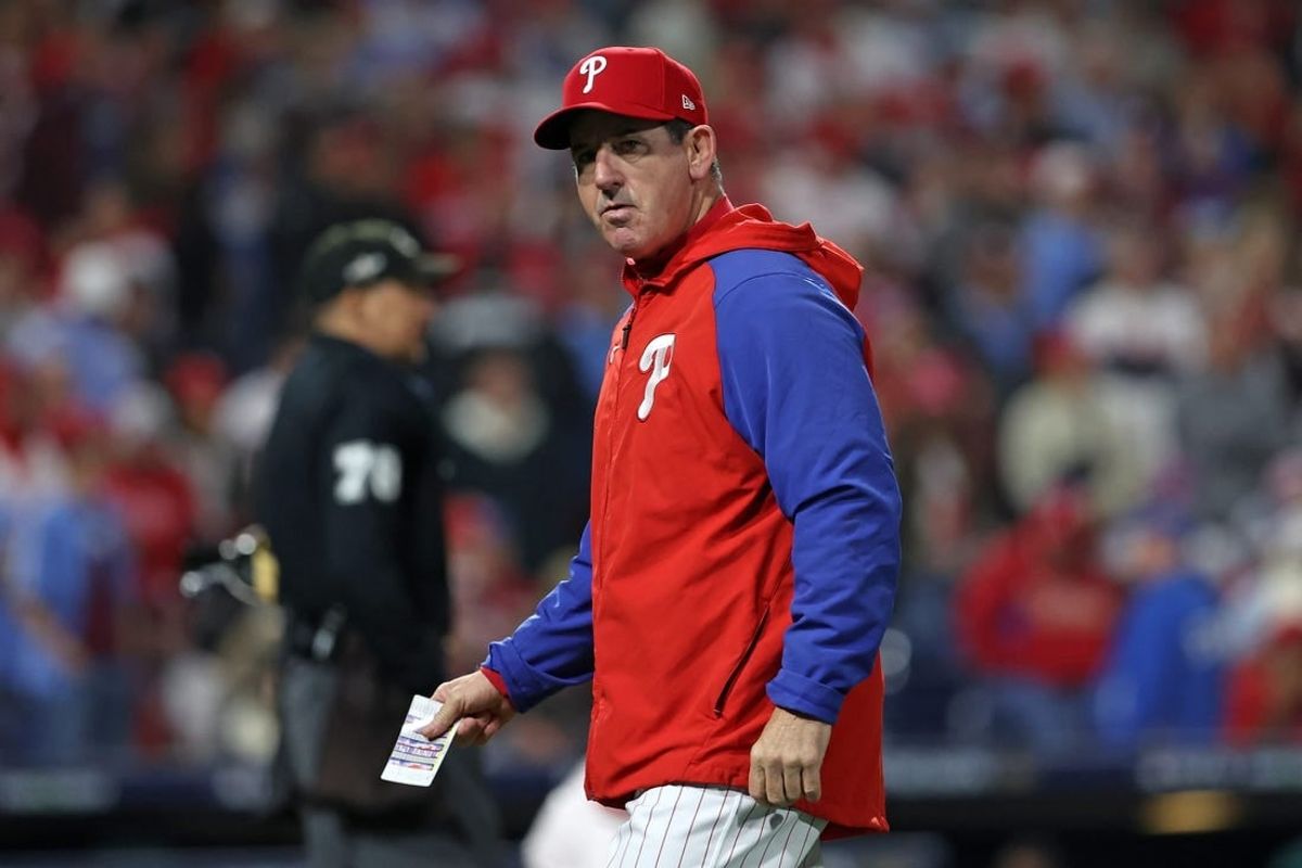Oct 24, 2023; Philadelphia, Pennsylvania, USA; Philadelphia Phillies manager Rob Thomson (59) in the seventh inning during game seven of the NLCS for the 2023 MLB playoffs against the Arizona Diamondbacks at Citizens Bank Park.