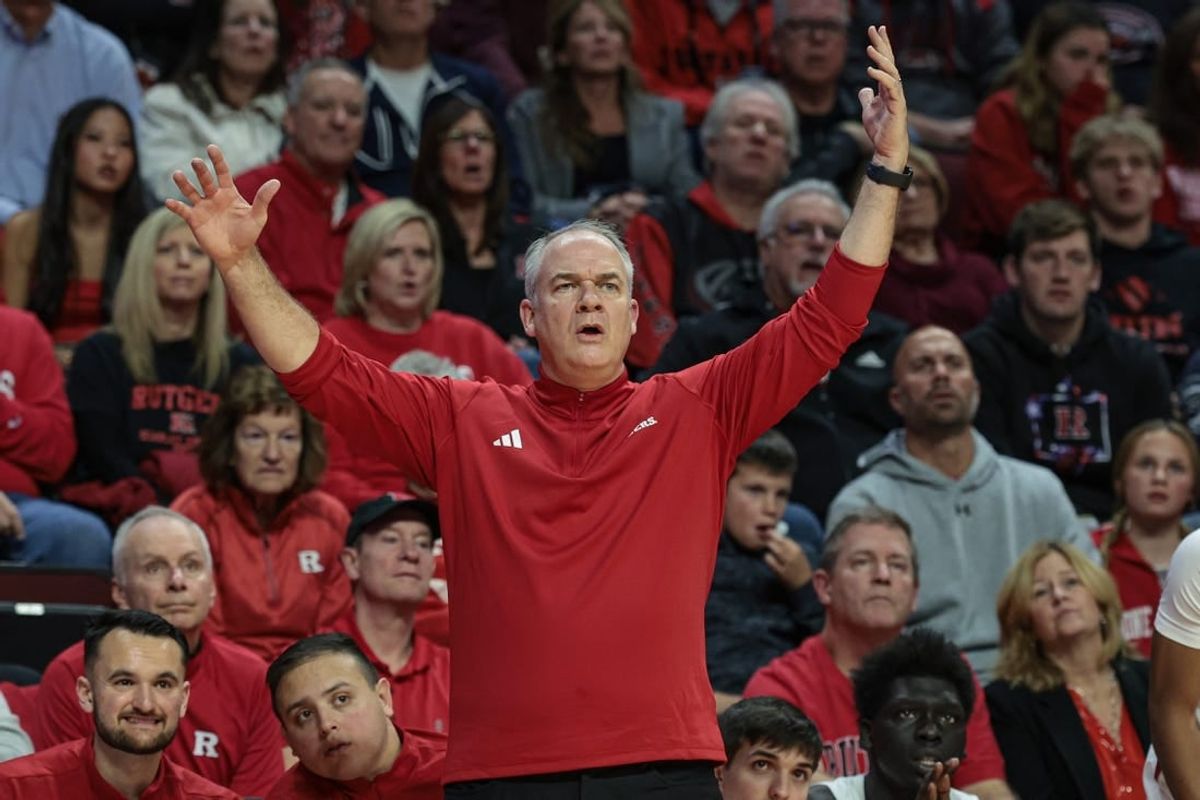 Nov 10, 2023; Piscataway, New Jersey, USA; Rutgers Scarlet Knights head coach Steve Pikiell reacts during the second half against the Boston University Terriers at Jersey Mike's Arena.