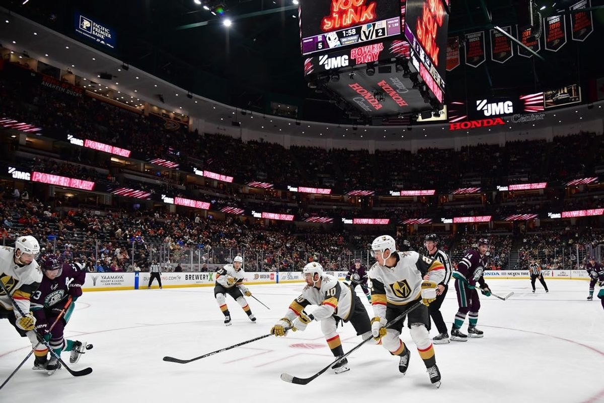 Dec 27, 2023; Anaheim, California, USA; Vegas Golden Knights center Nicolas Roy (10) moves in for a shot on goal against the Anaheim Ducks during the third period at Honda Center.