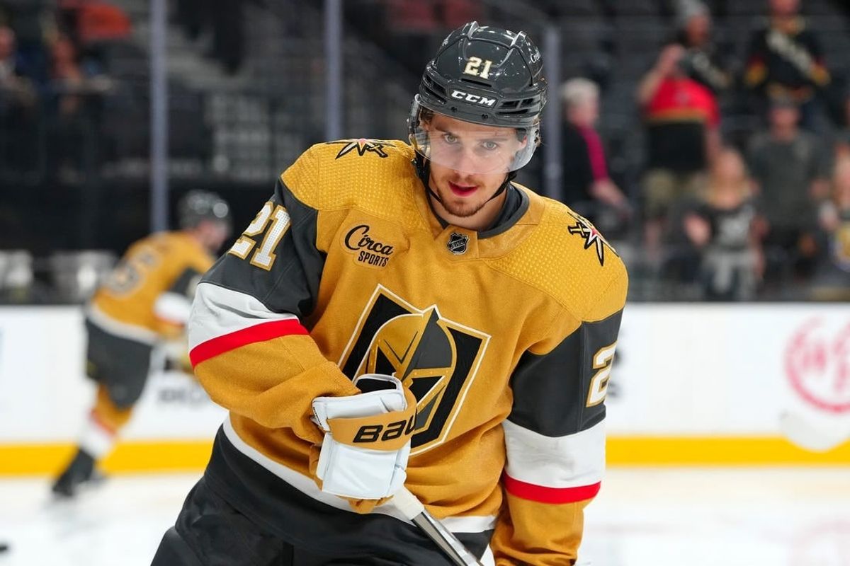 Sep 27, 2023; Las Vegas, Nevada, USA; Vegas Golden Knights center Brett Howden (21) warms up before a preseason game against the Los Angeles Kings at T-Mobile Arena.