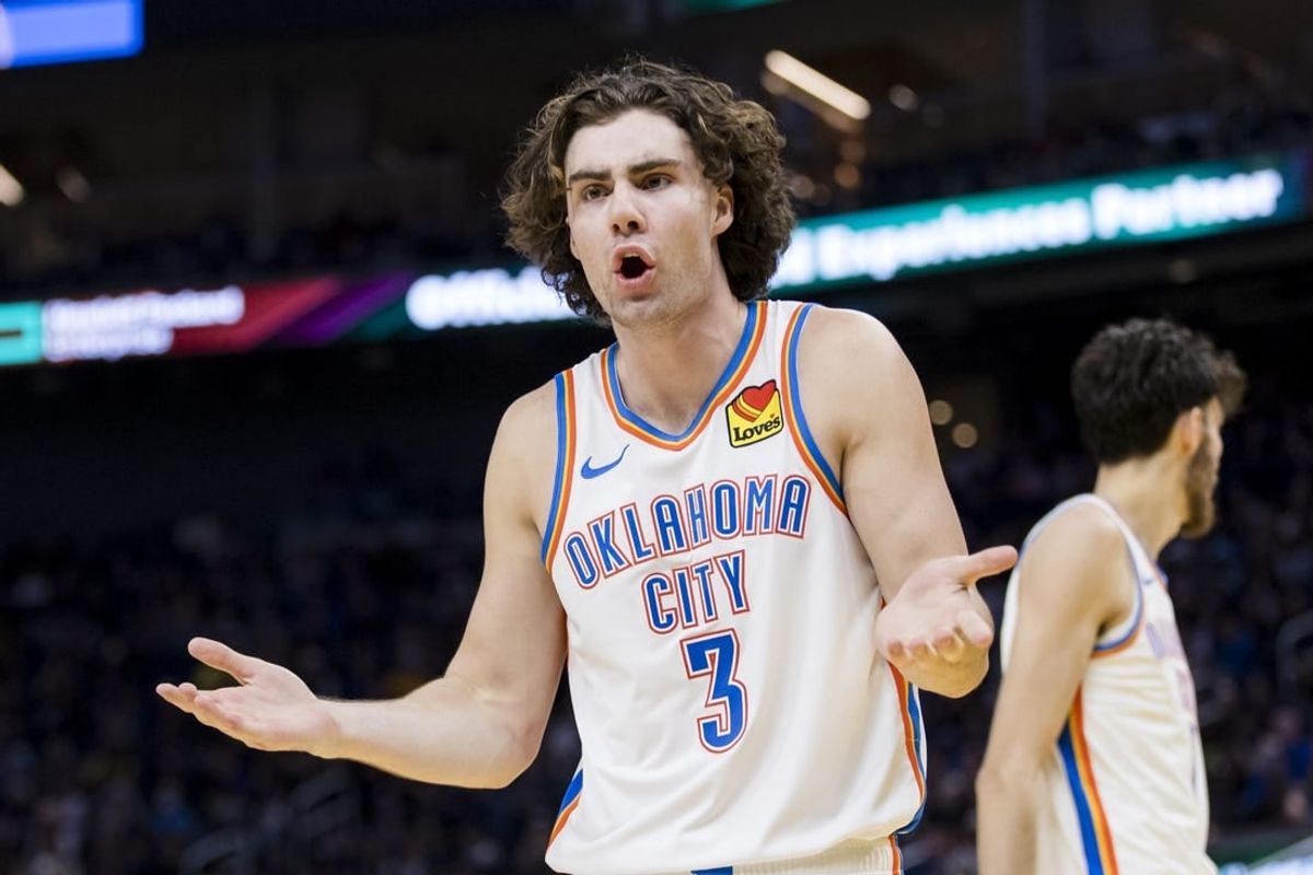 Nov 18, 2023; San Francisco, California, USA; Oklahoma City Thunder guard Josh Giddey (3) reacts after a foul is called in favor of the Golden State Warriors  during the second half at Chase Center.