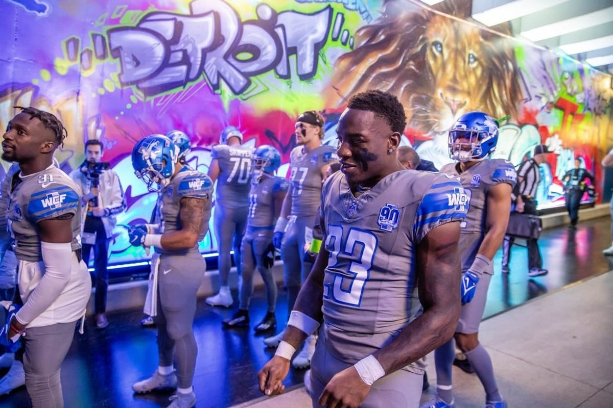 Oct 30, 2023; Detroit, Michigan, USA; Detroit Lions cornerback Jerry Jacobs (23) and teammates head out to the field before the start of the first half against the Las Vegas Raiders at Ford Field.