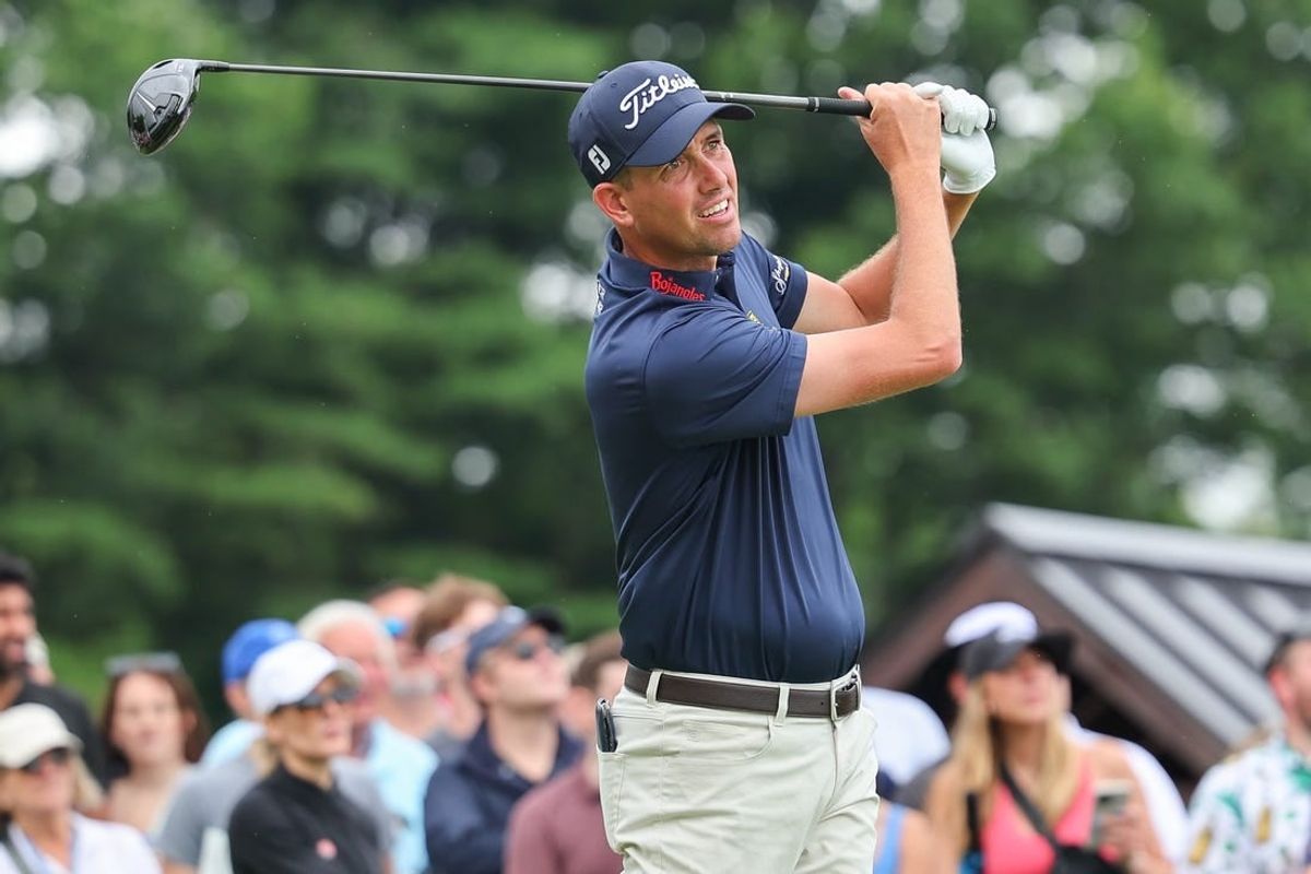 Jun 24, 2023; Cromwell, Connecticut, USA; Chesson Hadley plays his shot from the first tee during the third round of the Travelers Championship golf tournament.