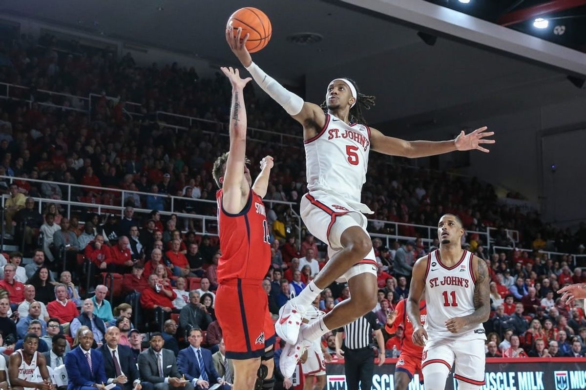 Nov 7, 2023; Queens, New York, USA;  St. John's Red Storm guard Daniss Jenkins (5) at Carnesecca Arena.