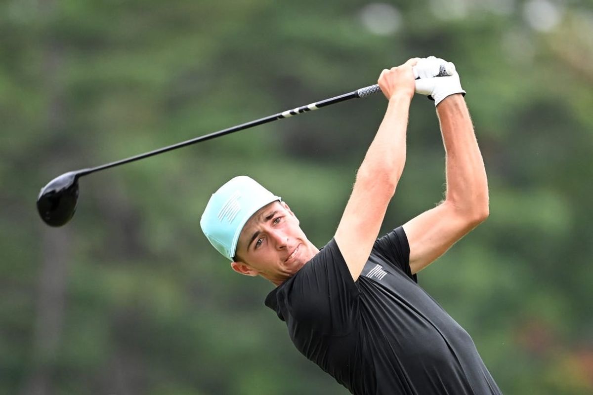 Aug 6, 2023; White Sulphur Springs, West Virginia, USA; David Puig tees off on the 11th hole during the final round of the LIV Golf event at The Old White Course.