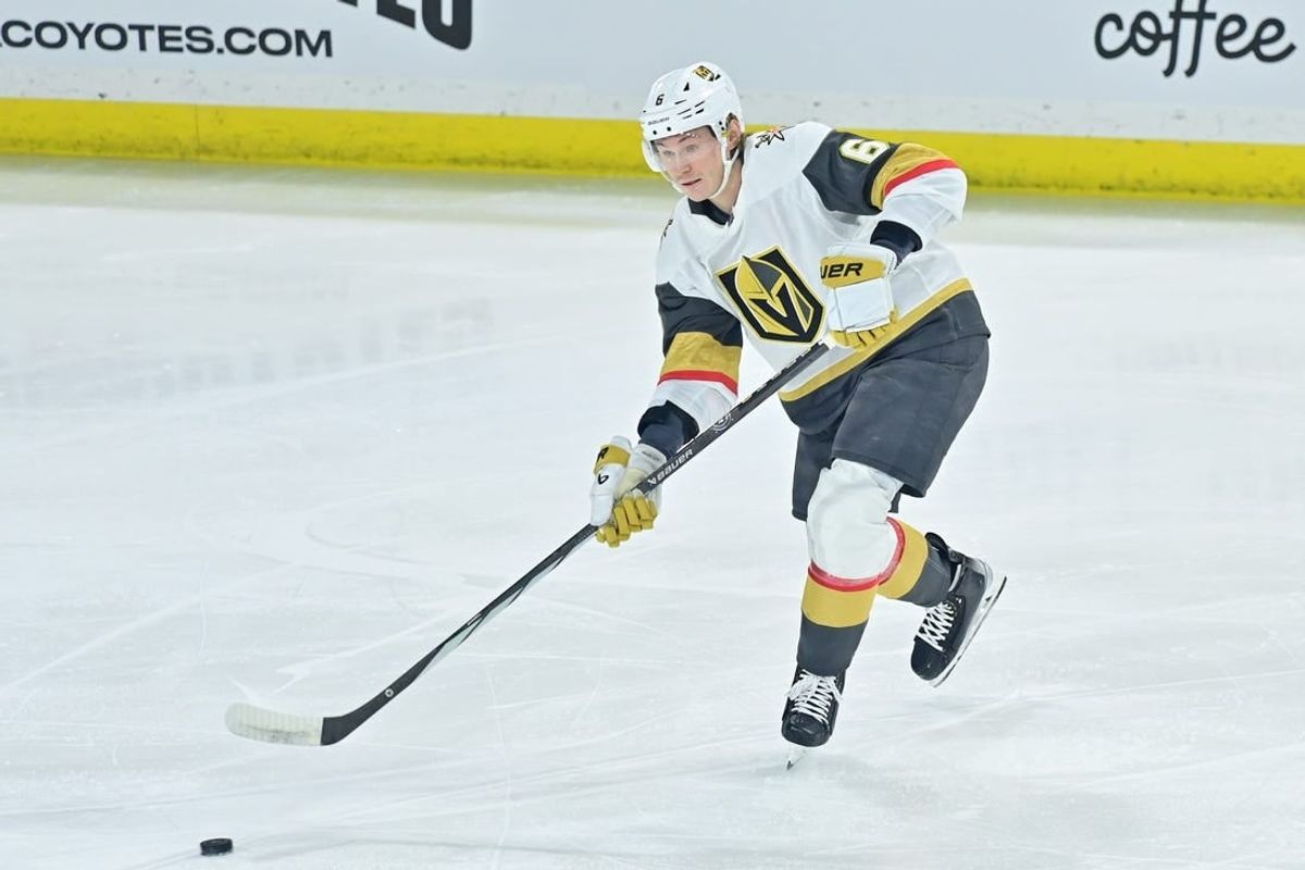 Feb 8, 2024; Tempe, Arizona, USA; Vegas Golden Knights defenseman Kaedan Korczak (6) passes the puck in the first period against the Arizona Coyotes at Mullett Arena.