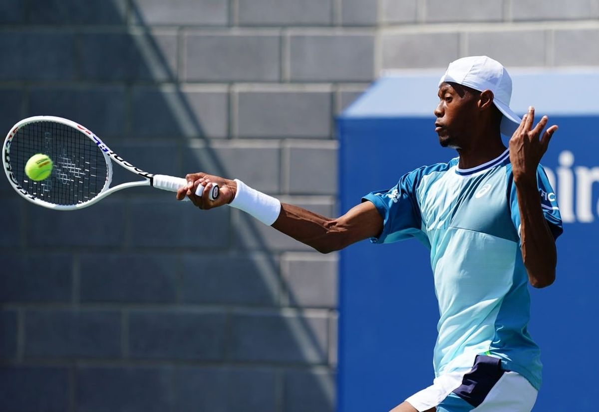 Aug 30, 2023; Flushing, NY, USA; Christopher Eubanks of the United States hits a shot against Benjamin Bonzi of France on day three of the 2023 U.S. Open tennis tournament at the USTA Billie Jean King National Tennis Center.
