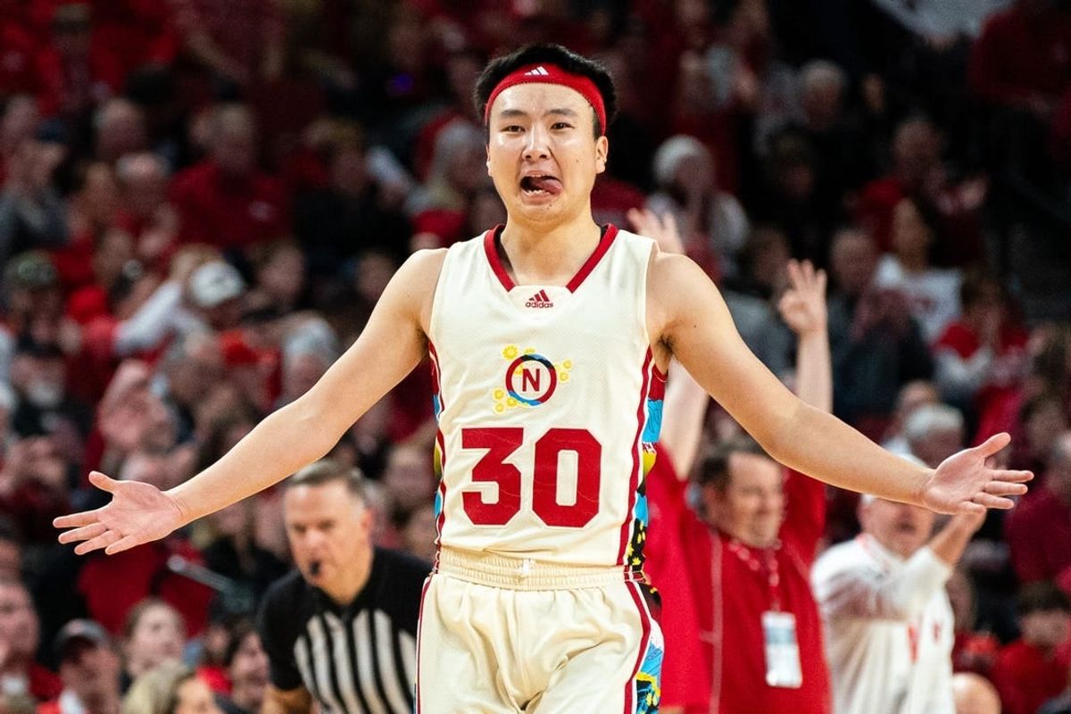 Feb 17, 2024; Lincoln, Nebraska, USA;  Nebraska Cornhuskers guard Keisei Tominaga (30) reacts during the first quarter at Pinnacle Bank Arena.