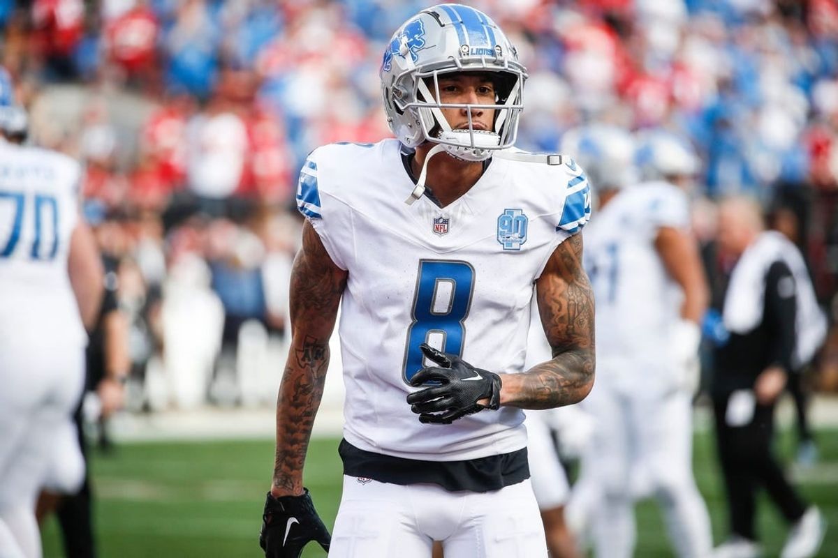 Detroit Lions receiver Josh Reynolds warms up before the NFC championship game against the San Francisco 49ers at Levi's Stadium in Santa Clara, Calif. on Sunday, Jan. 28, 2024.