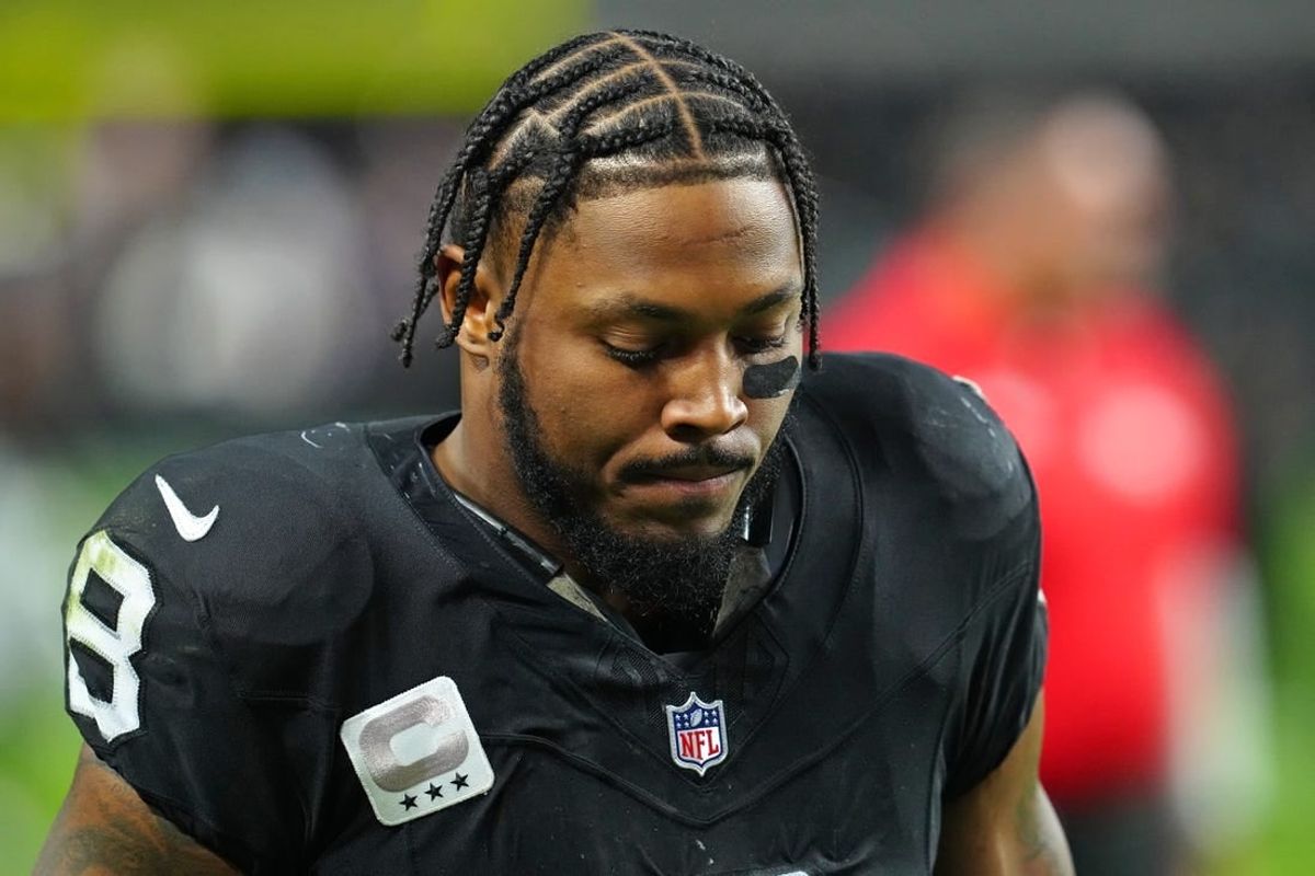 Dec 10, 2023; Paradise, Nevada, USA; Las Vegas Raiders running back Josh Jacobs (8) walks off the field after the Raiders were defeated by the Minnesota Vikings 3-0 at Allegiant Stadium.